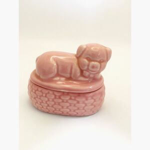 Vintage Pink Ceramic Trinket Box with Pig Lid, Basketweave Bottom